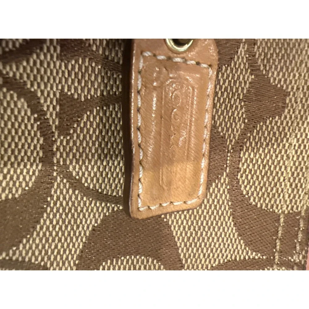 VTG Coach Signature Jacquard Wristlet Khaki Tan Leather Trim Monogram Small YKK